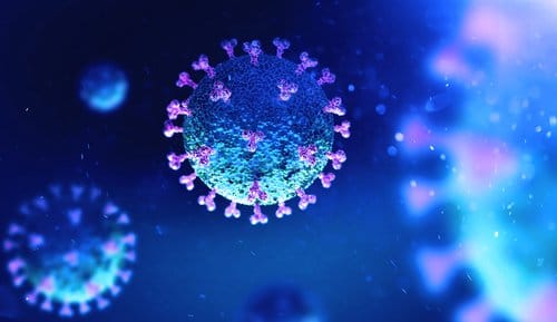 a visually engaging, bright blue image of the COVID virus